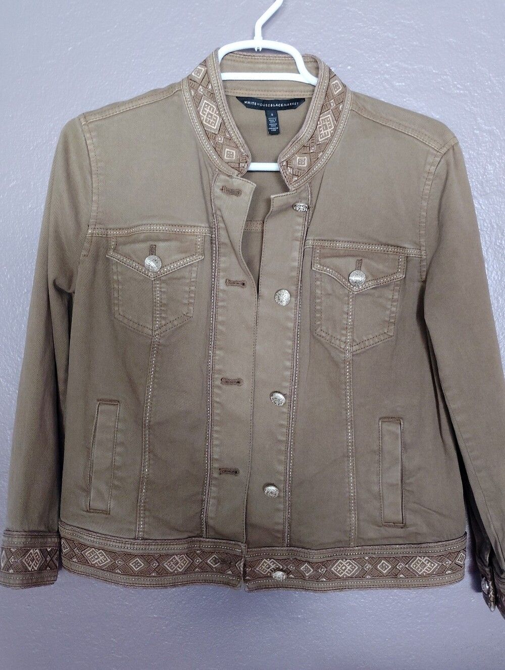 WHBM Olive Green Western Denim Jacket Embroidered Hem Boho Size 4